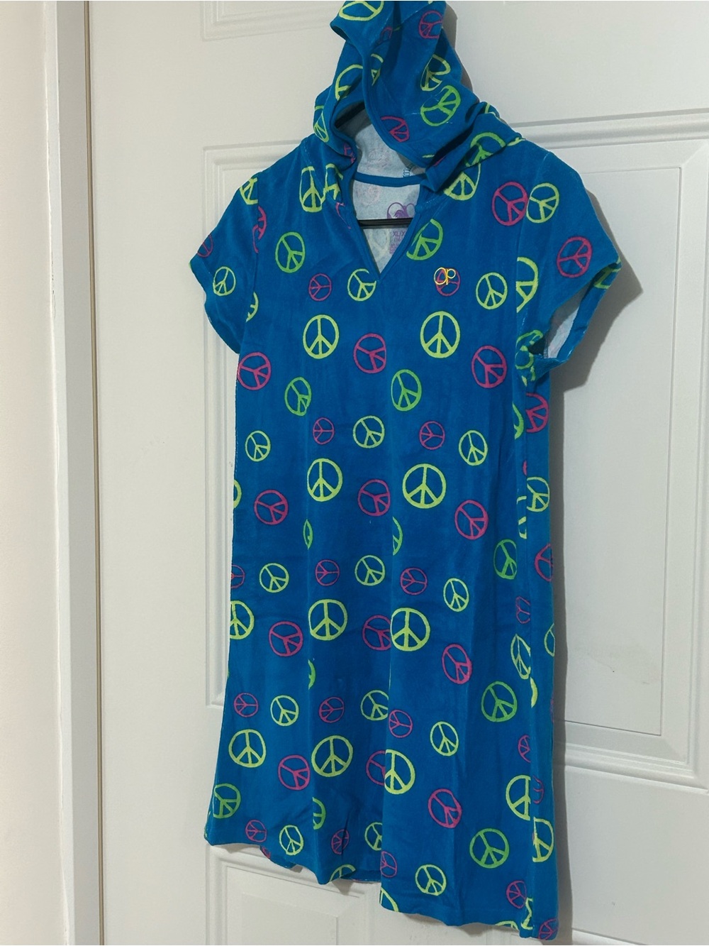 OP Kids Blue Hooded Swim Coverup with Neon Green & Pink Peace Signs